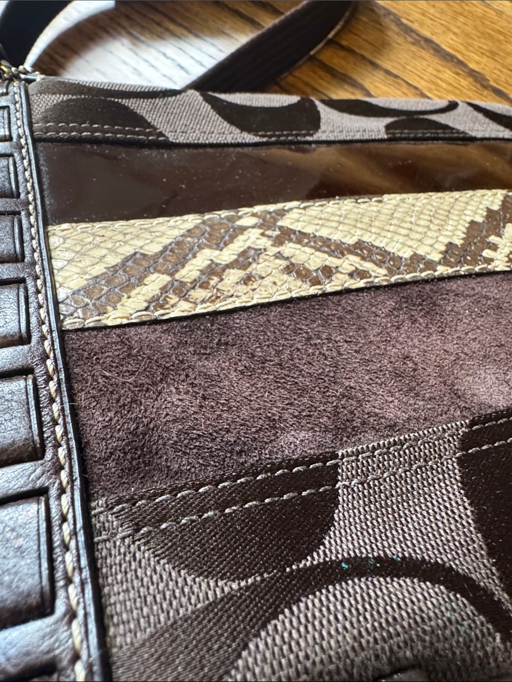 Coach Dark Brown Patchwork Crossbody with Suede, Snakeprint & Patent Stripes - Picture 3 of 9